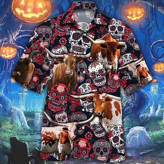 TX Longhorn Cattle Lovers Sugar Skull Floral Hawaiian Shirt, Farm Hawaiian Shirt, Farmer Hawaii | Newhawaiianshirts AU