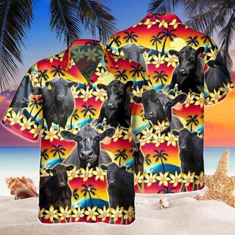 Vintage Black Angus Tropical Sunset Hibiscus And Palm Tree All Over Printed Hawaiian Shirt, Farm Hawaiian Shirt, Farmer Hawaii | Newhawaiianshirts