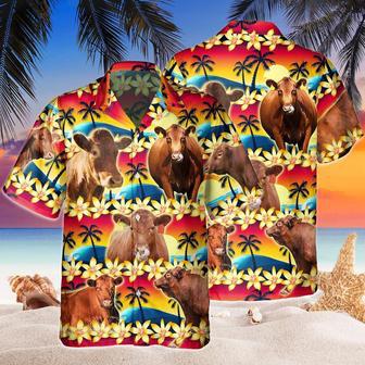 Vintage Red Angus Tropical Sunset Hibiscus And Palm Tree All Over Printed Hawaiian Shirt, Farm Hawaiian Shirt, Farmer Hawaii | Newhawaiianshirts AU