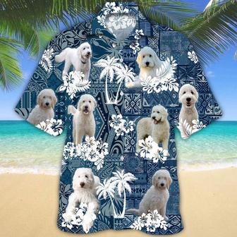 White Goldendoodle Hawaiian Tropical Plants Pattern Blue And White All Over Printed Hawaiian Shirt, Farm Hawaiian Shirt, Farmer Hawaii | Newhawaiianshirts UK