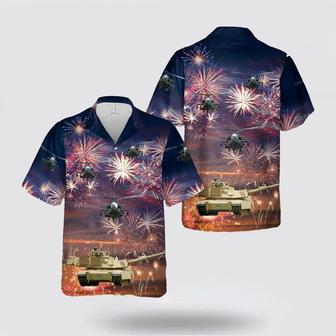 Army Hawaiian Shirt, Us Army Abrams Main Battle Tank And A Attack Helicopter Firework Hawaiian Shirt | Newhawaiianshirts UK