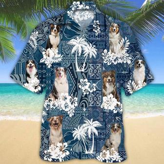 Australian Shepherd Hawaiian Tropical Plants Pattern Blue And White All Over Printed Hawaiian Shirt, Farm Hawaiian Shirt, Farmer Hawaii | Newhawaiianshirts DE