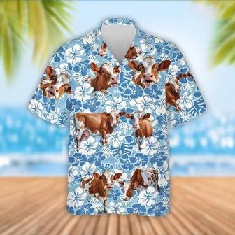 Ayrshire Cattle Blue Flower Pattern Hawaiian Shirt, Farm Hawaiian Shirt, Farmer Hawaii | Newhawaiianshirts