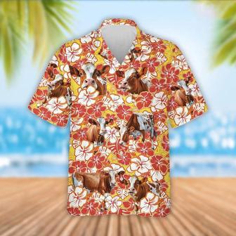 Ayrshire Cattle Orange Flower Pattern Hawaiian Shirt, Farm Hawaiian Shirt, Farmer Hawaii | Newhawaiianshirts