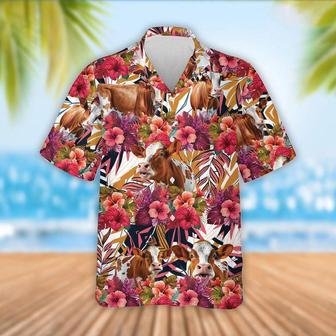 Ayrshire Cattle Red Hibicus Flowers Hawaiian Shirt, Farm Hawaiian Shirt, Farmer Hawaii | Newhawaiianshirts UK