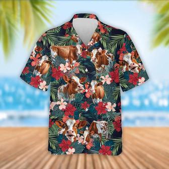 Ayrshire Cattle Red Tropical Flowers Hawaiian Shirt, Farm Hawaiian Shirt, Farmer Hawaii | Newhawaiianshirts CA