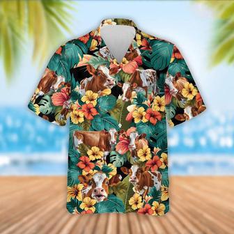 Ayrshire Cattle Tropical Flowers Hawaiian Shirt, Farm Hawaiian Shirt, Farmer Hawaii | Newhawaiianshirts CA