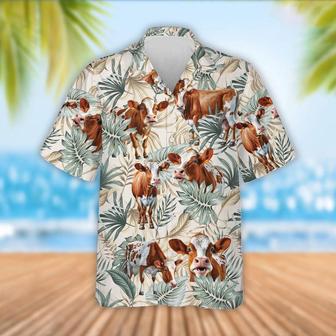 Ayrshire Cattle Tropical Leaf Pattern Hawaiian Shirt, Farm Hawaiian Shirt, Farmer Hawaii | Newhawaiianshirts UK