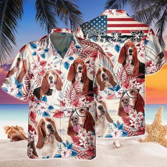 Basset Hound Dog United States Flag Hawaiian Flowers All Over Printed Hawaiian Shirt, Farm Hawaiian Shirt, Farmer Hawaii | Newhawaiianshirts