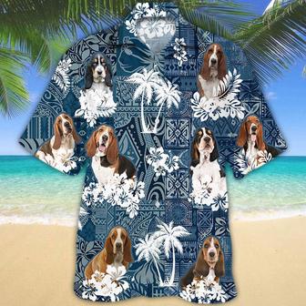 Basset Hound Hawaiian Tropical Plants Pattern Blue And White All Over Printed Hawaiian Shirt, Farm Hawaiian Shirt, Farmer Hawaii | Newhawaiianshirts AU