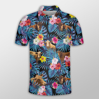 Beefmaster Tropical Flowers Leaves Pattern Button Polo Shirt, Cow Polo Shirt, Gift For Farmers - Monsterry