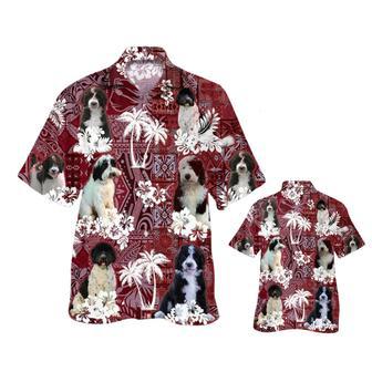 Black And White Goldendoodle Hawaiian Shirt, Hawaii Shirt With Dog And Red Tribal Pattern | Newhawaiianshirts DE