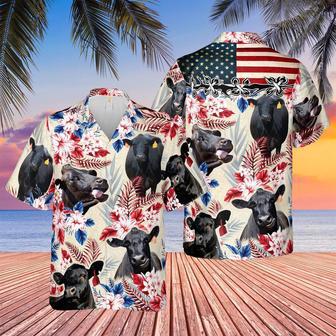 Black Angus American Flag Hawaiian Flowers All Over Printed Hawaiian Shirt, Farm Hawaiian Shirt, Farmer Hawaii | Newhawaiianshirts AU