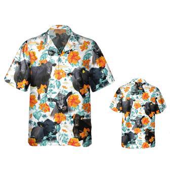 Black Angus Bright Hibiscus Flowers Hawaiian Shirt, Men's Cow Hawaiian Shirt, Bull Hawaii Aloha Shirt | Newhawaiianshirts