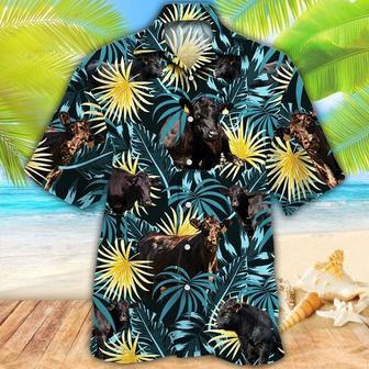 Black Angus Cattle Blue And Yellow Tropical Plants Hawaiian Shirt | Newhawaiianshirts