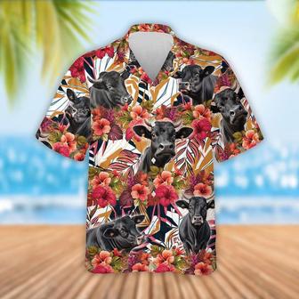 Black Angus Cattle Red Hibicus Flowers Hawaiian Shirt, Farm Hawaiian Shirt, Farmer Hawaii | Newhawaiianshirts