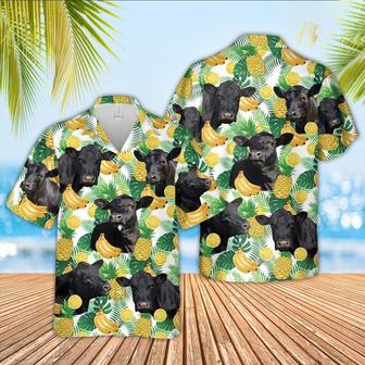 Black Angus Cattle White Tropical Fruits Pattern Hawaiian Shirt, Farm Hawaiian Shirt, Farmer Hawaii | Newhawaiianshirts CA