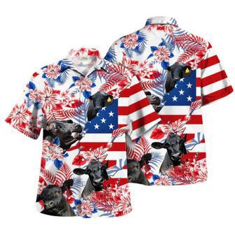 Black Angus Hawaiian Shirts, Black Angus In American Flag Pattern Tropical Flower Hawaiian Shirt | Newhawaiianshirts CA