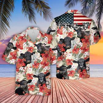 Black Angus Hibicus Floral Us Flag Hawaiian Shirt, Farm Hawaiian Shirt, Farmer Hawaii | Newhawaiianshirts AU