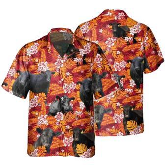 Black Angus Red Orange Floral Hawaiian Shirt, Cow Hawaiial Shirt, Bull Hawaiian Shirt | Newhawaiianshirts UK