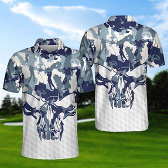 Blue And White Camouflage Golf Set Short Sleeve Skull Golf Polo Shirt, Best Camo Golf Shirt For Men Coolspod - Monsterry AU