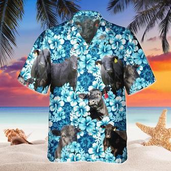 Blue Hibiscus Tropical Black Angus Cattle All Over Printed Hawaiian Shirt, Farm Hawaiian Shirt, Farmer Hawaii | Newhawaiianshirts UK