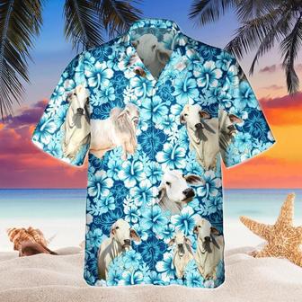 Blue Hibiscus Tropical Brahman Cattle All Over Printed Hawaiian Shirt, Farm Hawaiian Shirt, Farmer Hawaii | Newhawaiianshirts UK