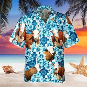 Blue Hibiscus Tropical Hereford Cattle All Over Printed Hawaiian Shirt, Farm Hawaiian Shirt, Farmer Hawaii | Newhawaiianshirts UK