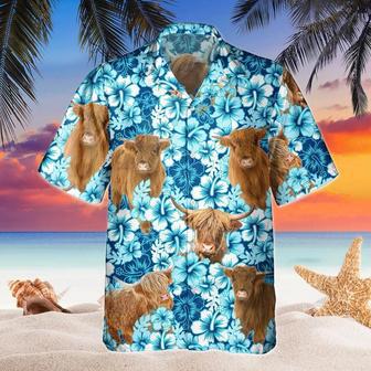 Blue Hibiscus Tropical Highland Cattle All Over Printed Hawaiian Shirt, Farm Hawaiian Shirt, Farmer Hawaii | Newhawaiianshirts CA