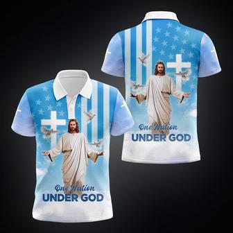 Blue One Nation Under God Us Flag Jesus Independence Day July Polo Shirt - Monsterry UK