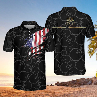 Bowling American Flag Short Sleeve Polo Shirt, Bowling Ball Pattern Usa Flag Polo Shirt, Bowling Team Uniform - Monsterry