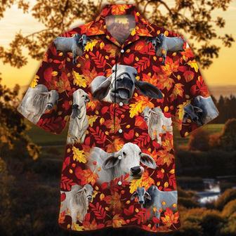 Brahman Cattle Autumn Leaves All Over Printed Hawaiian Shirt, Farm Hawaiian Shirt, Farmer Hawaii | Newhawaiianshirts UK