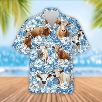 Brahman Cattle Blue Flower Pattern Hawaiian Shirt, Farm Hawaiian Shirt, Farmer Hawaii | Newhawaiianshirts AU