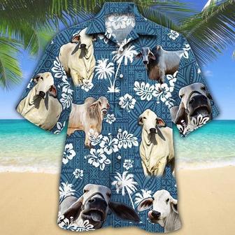 Brahman Cattle Blue Tribal All Over Printed Hawaiian Shirt, Farm Hawaiian Shirt, Farmer Hawaii | Newhawaiianshirts UK