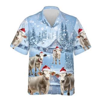 Brahman Cow Snowy Christmas Hawaiian Beach Shirts, Xmas Hawaiian Shirts | Newhawaiianshirts DE