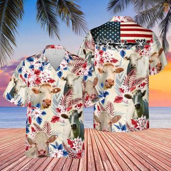 Charolais Cattle American Flag Hawaiian Flowers All Over Printed Hawaiian Shirt, Farm Hawaiian Shirt, Farmer Hawaii | Newhawaiianshirts AU