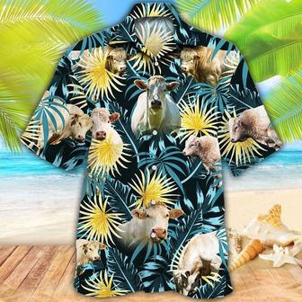 Charolais Cattle Blue And Yellow Tropical Plants Hawaiian Shirt, Farm Hawaiian Shirt, Farmer Hawaii | Newhawaiianshirts