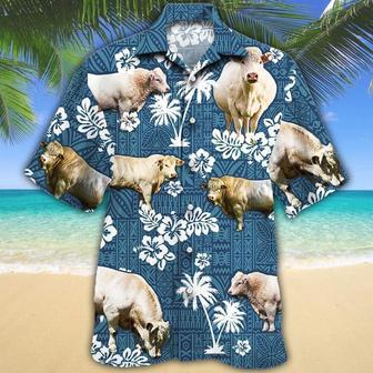 Charolais Cattle Blue Tribal All Over Printed Hawaiian Shirt, Farm Hawaiian Shirt, Farmer Hawaii | Newhawaiianshirts DE