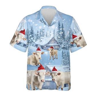 Charolais Cow Snowy Christmas Hawaiian Beach Shirts, Xmas Hawaiian Shirts | Newhawaiianshirts