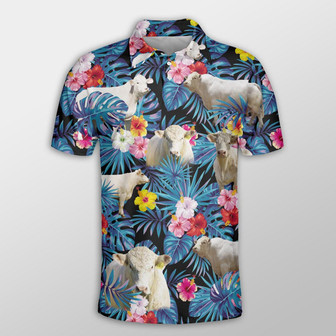 Charolais Tropical Flowers Leaves Pattern Button Polo Shirt, Cow Polo Shirt, Gift For Farmers - Monsterry