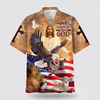 Christian Hawaiian Shirt, Independence Day Us Flag One Nation Under God Jesus And Lion Eagle American Christian Faith Hawaiian Shirt | Newhawaiianshirts