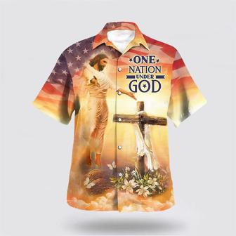 Christian Hawaiian Shirt, Jesus Open Arms Easter Cross One Nation Under God Hawaiian Shirts | Newhawaiianshirts