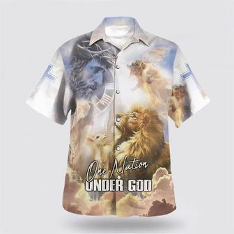 Christian Hawaiian Shirt, One Nation Under God Jesus Christ Lion And Lamb Christian Hawaiian Shirt | Newhawaiianshirts CA