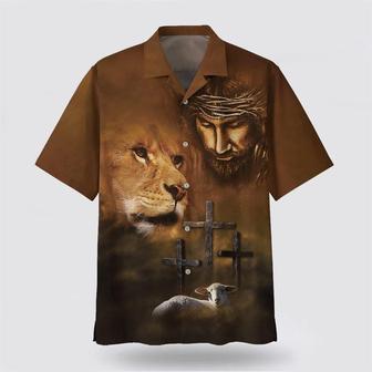 Christian Hawaiian Shirt, Jesus Lion And The Lamb Three Cross Hawaiian Shirts | Newhawaiianshirts UK