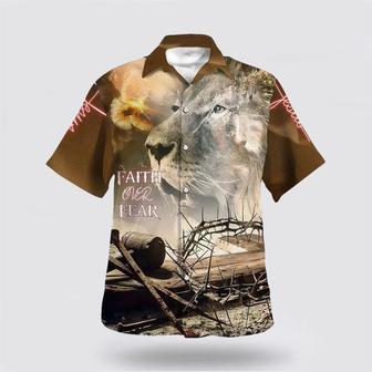 Christian Hawaiian Shirt, Faith Over Fear Lion And Crown Of Thorns Christian Hawaiian Shirt | Newhawaiianshirts DE