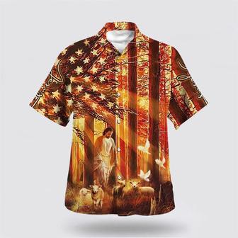 Christian Hawaiian Shirt, Us Flag Jesus Walking In The Forest With The Sheep Hawaiian Shirt | Newhawaiianshirts AU