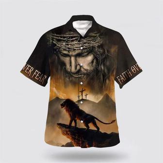 Christian Hawaiian Shirt, Faith Over Fear Bible Verse Jesus And Lion Religion Hawaiian Shirt | Newhawaiianshirts UK