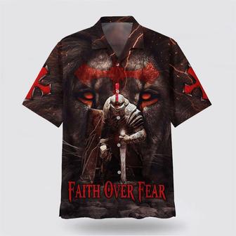 Christian Hawaiian Shirt, Warrior Of Christ Lion Cross Faith Over Fear Hawaiian Shirts | Newhawaiianshirts CA