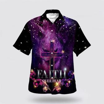 Christian Hawaiian Shirt, Faith Over Fear The Lion Cross Christian Faith For Friend Religion Hawaiian Shirt | Newhawaiianshirts UK