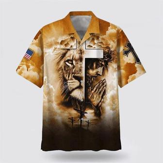 Christian Hawaiian Shirt, Us Flag Lion Pray With Jesus On The Cross Christian Faith Hawaiian Shirt | Newhawaiianshirts DE